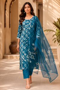 NIYANI Salwar Kameez bleu d'été en rayonne pour femme, tenue décontractée traditionnelle indienne et pakistanaise, longueur cheville, coupe régulière, infroissable - Product Image 3