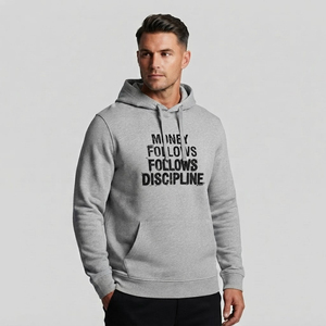 เสื้อสเวตเชิ้ตมีฮู้ดสีเทาสำหรับผู้ชาย พิมพ์ลาย Money Follows Discipline ผ้าฟลีซคอตตอน ใส่ได้ในฤดูใบไม้ร่วง - Product Image 4
