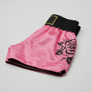 Shorts de Muay Thai pour femmes avec imprimé rose personnalisé, short de kickboxing en satin rose, vente en gros, logo personnalisé, shorts de combat MMA floraux - Product Image 6