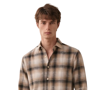 Chemise en flanelle à carreaux beige marron pour homme, manches longues, boutonnée, décontractée, en tissu brossé doux et respirant, style streetwear, vente en gros - Product Image 3