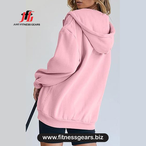 Sudadera con capucha y cremallera rosa extragrande para mujer, de forro polar, color liso, manga larga, para otoño - Product Image 2