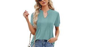 Camiseta de Mujer con Cuello en V y Mangas Abullonadas, Color Morado, Estilo Casual, Holgada, Transpirable, para Primavera/Verano - Product Image 4