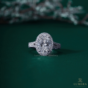 แหวนหมั้นเพชรทรงรีสุดหรู ฝังเพชรแบบ Halo ทองคำขาว 14K 18K ดีไซน์วงแหวนแบบแยกส่วน ประดับเพชรแบบ Pave สำหรับงานแต่งงาน แหวนเจ้าสาวสำหรับผู้หญิง - Product Image 1