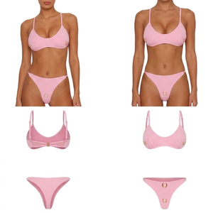 Ensemble bikini rose, soutien-gorge triangle, string, maillot de bain femme, extensible, couleur unie, tricoté, vêtements de plage, ensemble 2 pièces - Product Image 6