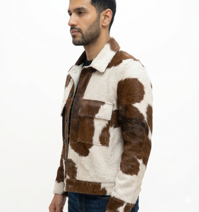 Men's Cowhide Leather Jacket Animal Print Turn-down Collar Casual Winter Thick Regular Fit Single Breasted Faux <b>Fur</b> Lining - Product Image 3