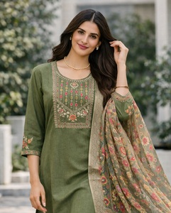 Ensemble Kurti pour femmes très tendance, vert olive, manches 3/4, coton et soie, entièrement cousu, pour les occasions régulières et les occasions festives - Product Image 3