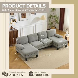 Divano Componibile a U Convertibile a 4 Posti con 2 Chaise Longue Corte Diritte, Tessuto Chenille, Gambe in Plastica 111 - Product Image 5