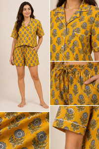 Conjunto de Pijama de Algodón para Mujer con Estampado Floral de Mostaza, Camisa de Manga Corta y Pantalones Cortos, Hecho a Mano, Obra Maestra Casual - Product Image 6
