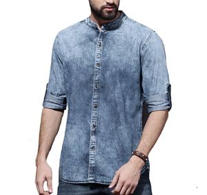 เสื้อเชิ้ตเดนิมสีน้ำเงินผ้าฝ้ายระบายอากาศ แขนยาว ติดกระดุม ทรงปกติสำหรับผู้ชาย สวมใส่ได้ทุกวัน - Product Image 1