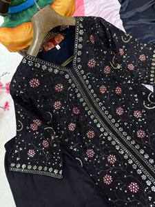 Black Embroidered French Crap Indian Pakistani Set Long Sleeve <b>Kurta</b> Palazzo Dupatta Woven Formal Quick Dry Wear <b>for</b> <b>Women</b> - Product Image 5