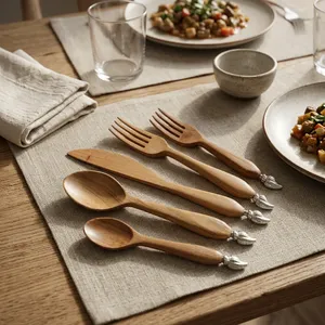Elegante Juego de Cubiertos de Madera para Ensaladas, Estilo Americano, Ecológico, Apto para Lavavajillas, para Hotel, Restaurante y Uso Doméstico, 5 Piezas - Product Image 4