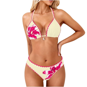 Women Floral Print Bikini Set Halter Neckline Contrast Binding Rhinestone Decoration Spandex Polyester Two Piece Swimwear - Product Image 1