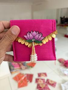 <b>Mini</b> Lotus coin <b>Pouches</b> clutch in Multiple colors Lehriya Gotta Patti with lotus button for Wedding pooja Gifting Indian favors - Product Image 4