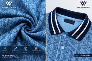 Camisa Casual Europea de Manga Corta para Hombre WAHAB LEATHER, Azul Sólido, de Algodón/Fibra de Bambú Transpirable de 180g, con Logotipo Frontal y Cuello en Contraste - Product Image 3
