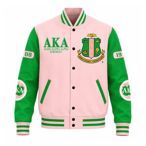 เสื้อแจ็คเก็ต Letterman ของ Aka Greek Apparel College สำหรับฤดูหนาว สีชมพู/เขียว เสื้อแจ็คเก็ตเบสบอลแบบ Varsity สั่งทำพิเศษ พร้อมปกตั้งและกระดุม - Product Image 2
