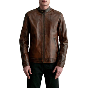 Veste en cuir véritable marron pour hommes, col montant, fermeture éclair, style motard, manteau décontracté pour l'automne - Product Image 1