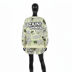 Conjunto de Sudadera y Pantalones Cortos de Felpa de Algodón y Poliéster de 320 GSM para Mujer, Color Verde Claro, Estampado de Grafiti en Toda la Superficie, Logotipo Sublimado - Product Image 2