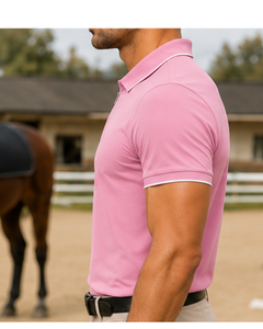 เสื้อโปโลผู้ชายสีชมพูแขนสั้นแบบมีซิป แบรนด์ Standard International ปักโลโก้ ดีไซน์ด้านหน้าแบบถัก สไตล์ลำลอง - Product Image 3