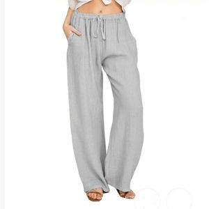 Pantalon large gris en lin et coton pour femme, taille mi-haute avec cordon de serrage, coupe ample, longueur pleine, décontracté, couleur unie, idéal pour l'été – Meilleur prix - Product Image 1