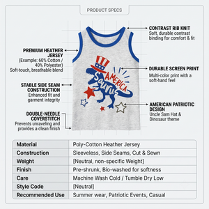 Camiseta sin mangas para niños con estampado gráfico personalizado, transpirable, serigrafiada, mezcla de algodón heather, diseño de dinosaurio americano, para el 4 de julio - Product Image 5