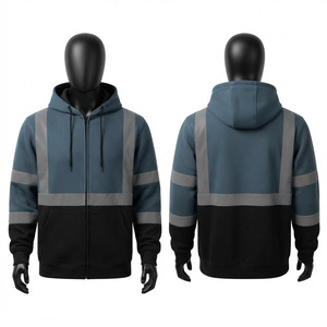 Sweat à capuche de travail en molleton 320 GSM 100 % coton écologique, bleu et noir, avec bandes réfléchissantes, personnalisable avec logo en relief - Product Image 1