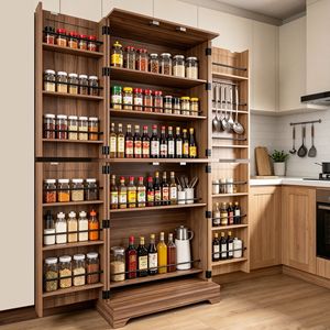 Moderno Armario de Cocina de 70 Pulgadas de Alto con Estantes Ajustables, 4 Puertas Corredizas y Cajón, Madera Marrón - Product Image 1