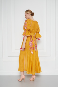 Robe bohème en coton pour femmes, jaune, broderie florale, manches bouffantes, coupe ample, taille à nouer, robe maxi - Product Image 5