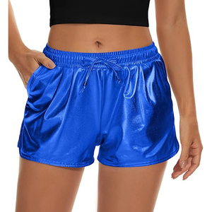 Royal Blue Metallic Shorts Women Elastic Drawstring Waist Side Pocket Shiny Glossy Rave Festival <b>Dance</b> - Product Image 1