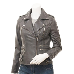Chaqueta de Motociclista para Mujer, de Cuero Genuino, Impermeable, Gruesa, de Manga Larga, con Cuello Abierto, Cierre de Cremallera, Color Sólido, Estilo Biker, para Otoño - Product Image 1