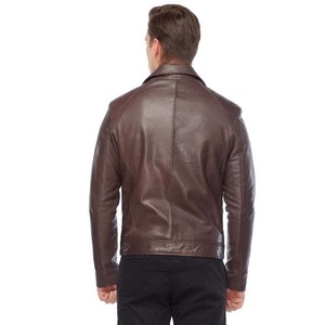 Men's <b>Brown</b> Genuine <b>Leather</b> Moto <b>Jacket</b> Zipper Front Turn-down Collar Regular Fit Autumn Style - Product Image 2