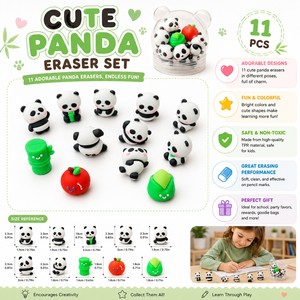 Ensemble de papeterie, ensemble de gommes à effacer mignonnes en forme de panda, mini gommes en caoutchouc TPR pour enfants, jouets de papeterie créatifs pour l'école et les cadeaux de fête - Product Image 3