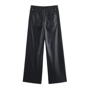 <b>Men</b> Leather Pants Floor Length Cargo Pant Pu Loose Casual Straight Trousers Regular Solid Splice Button Pocket Autumn Winter - Product Image 3
