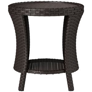 Tavolino da Caffè da Esterno in Vimini Marrone Misto da 18 Pollici con 2 Ripiani Portaoggetti, Tavolino Laterale da Patio in Rattan PE con Piano in Legno Composito per Uso Esterno - Product Image 1