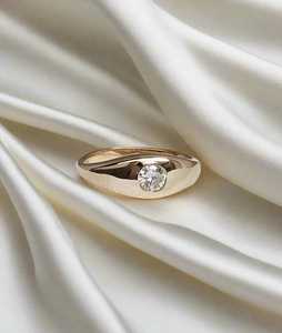 Diamond Engagement <b>Ring</b> Bezel Set 7mm Wide <b>Dome</b> Dainty Minimalist Round Lab Grown Solitaire Signet Bands Jewelry 14K Solid Gold - Product Image 1