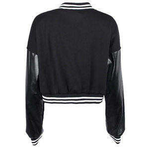 Good Supplier Newest OEM ODM Women's Varsity <b>Jacket</b> Solid Color Block Contrast <b>Sleeve</b> O-Neck Full <b>Sleeve</b> <b>Short</b> Length Crop Style - Product Image 3