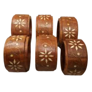 Ensemble de 6 anneaux à serviettes en bois faits à la main avec incrustation florale blanche, décoration de table vintage, artisanat indien, porte-serviettes - Product Image 1