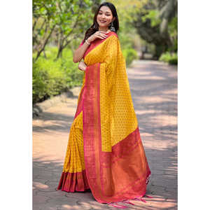 Sari en soie Paithani tissé avec des fils Zari Elite Weaves 1000 Butti, 0,65 g, jaune avec contraste pour les robes de cocktail - Product Image 3