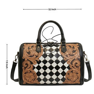 Bolsa de Viaje de Cuero Repujado Estilo Western SEHRAINN, con Patrón Floral a Cuadros Vintage y Cierre de Cremallera - Product Image 3