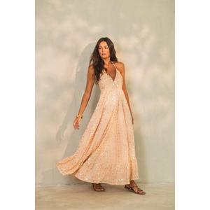 Robe longue brodée de sequins couleur pêche pour femme, col en V profond, sans manches, style bohème, pour plage ou soirée - Product Image 1