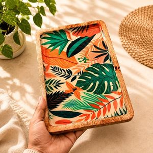 Plateau de service rectangulaire décoratif en bois à motif floral, bord surélevé de 1 pouce, résistant à la chaleur, léger, pour mariage et fête - Product Image 5