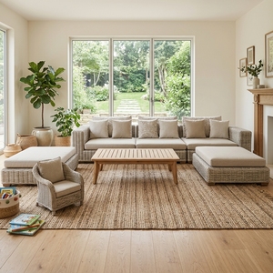 New Modern Minimalist Rattan Living Room Sofa Set Luxury Outdoor <b>Patio</b> Garden Sectional Lounge Seating Cushions Teak Wood Coffee - Product Image 2