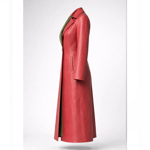 Elegante Gabardina Roja con Forro Verde Suave, Corte Minimalista, Abrigo Largo de Cuero - Product Image 2