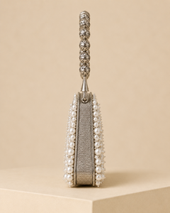 Lady Evening Fashion Brass Framed Embroidered Pearl Rhinestone <b>Hand</b>-<b>Carry</b> Mobile Sling <b>Bag</b> Handmade Mini with Push Lock Closure - Product Image 3