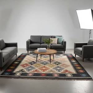 Alfombra Kilim de Yute y Lana Tejida a Mano – Diseño Tribal Geométrico Vintage, Tejido Plano, Estilo Bohemio para Pasillo y Sala de Estar - Product Image 1