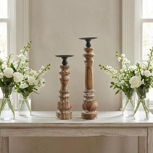 Ensemble de porte-bougies rustiques vintage en bois, style farmhouse vieilli, pour bougies pilier, centre de table décoratif pour la maison - Product Image 2