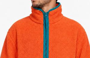 Unisex <b>Orange</b> <b>Fleece</b> Bomber Jacket Coated Front Color Blocking Zipper Closure Turn-down Collar Windproof Casual Autumn Wear - Product Image 4