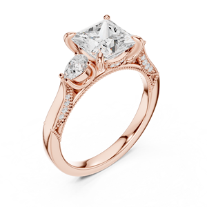 Rose Gold Princess Cut Lab Grown <b>Diamond</b> Three Stone Engagement <b>Ring</b> Vintage Milgrain Promise <b>Ring</b> for Women - Product Image 5