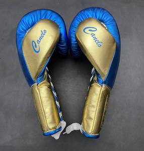 Gants de boxe professionnels OEM de qualité supérieure, faits à la main, bleu et or métalliques, à lacets, No Boxing No Life, CP-BG-140 - Product Image 2