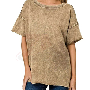 Camiseta Holgada de Mujer con Hombros Caídos, Color Sólido, Cuello Redondo, Manga Corta, 100% Algodón Tejido, Ajuste Holgado, para Todas las Temporadas - Product Image 3