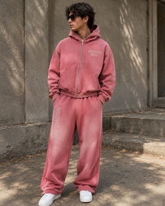 Custom Oversized Cropped Hoodie Baggy Sweatpants <b>Set</b> Logo Washed <b>Pink</b> Streetwear <b>Tracksuit</b> Winter Anti-Wrinkle 400 GSM 100% - Product Image 4